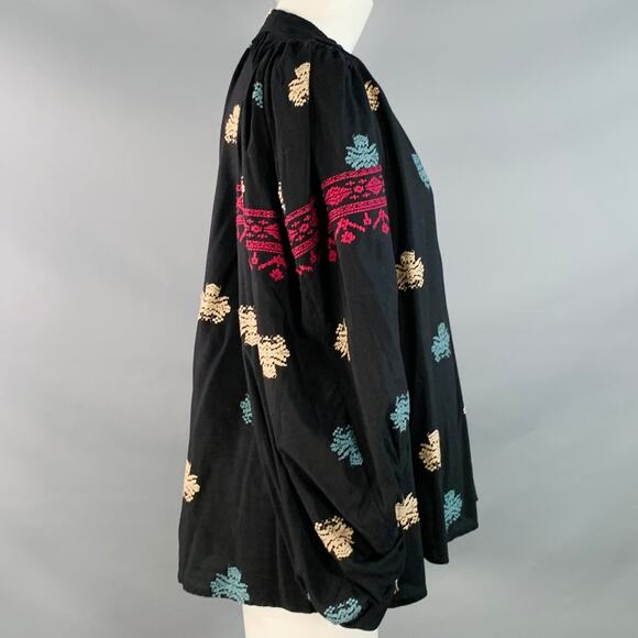 VANESSA BRUNO XS Black Multi Color Cotton Blend Embroidered V-Neck Tunic Blouse - Picture 3 of 6